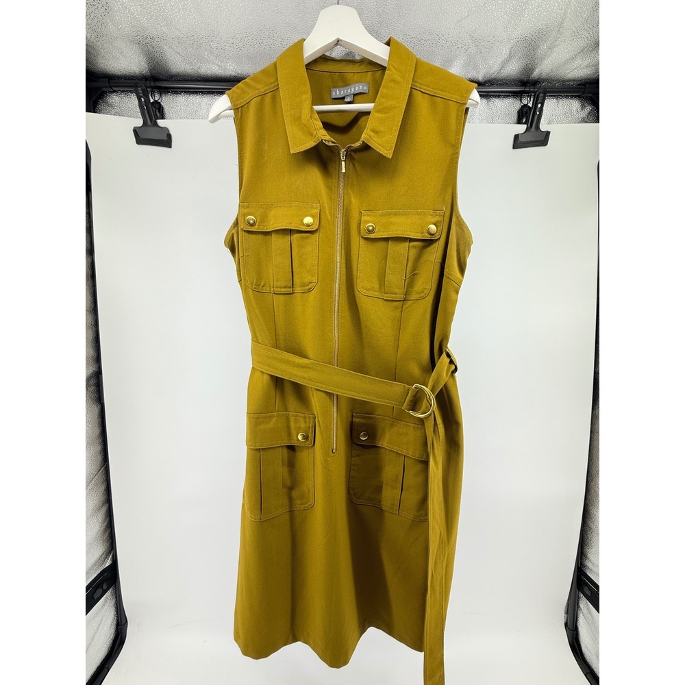 Sharagano Womens Mustard Yellow Utility Zip Front Belted Safari Dress Size 16